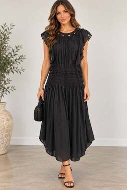 Ramy Brook Black Drop Waist Dress Ruffle Boho Romantic Flutter Sleeve Size Small